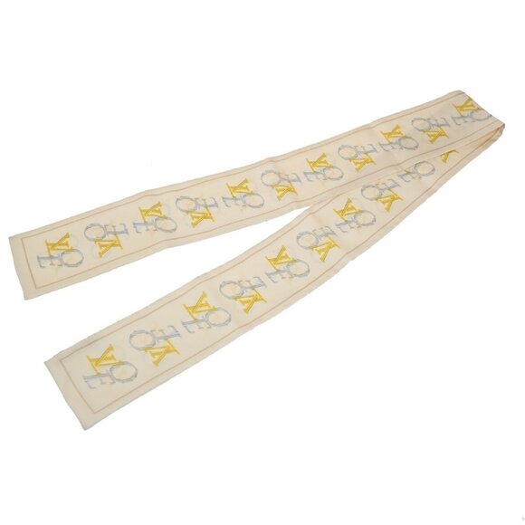LOUIS VUITTON Logo Long Scarf Ribbon 100% Silk Beige Italy Accessory - Picture 3 of 13
